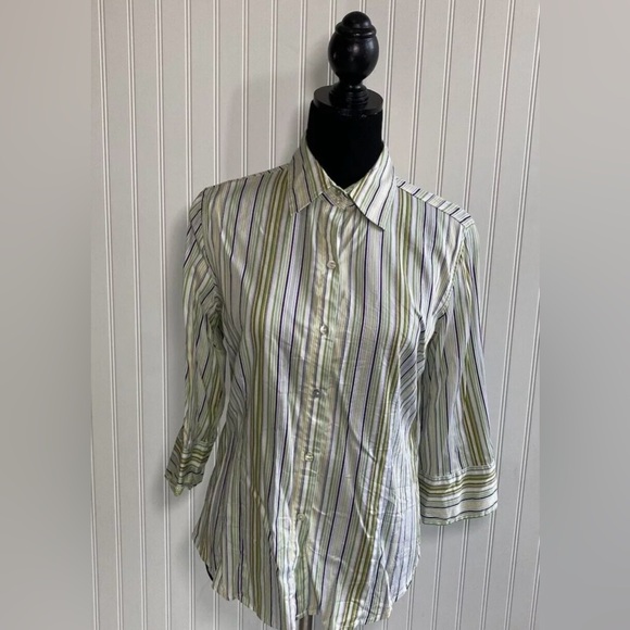 Chicos Size 1 Button Down Striped Blouse Womens Size Medium Purple White Green - Picture 10 of 13